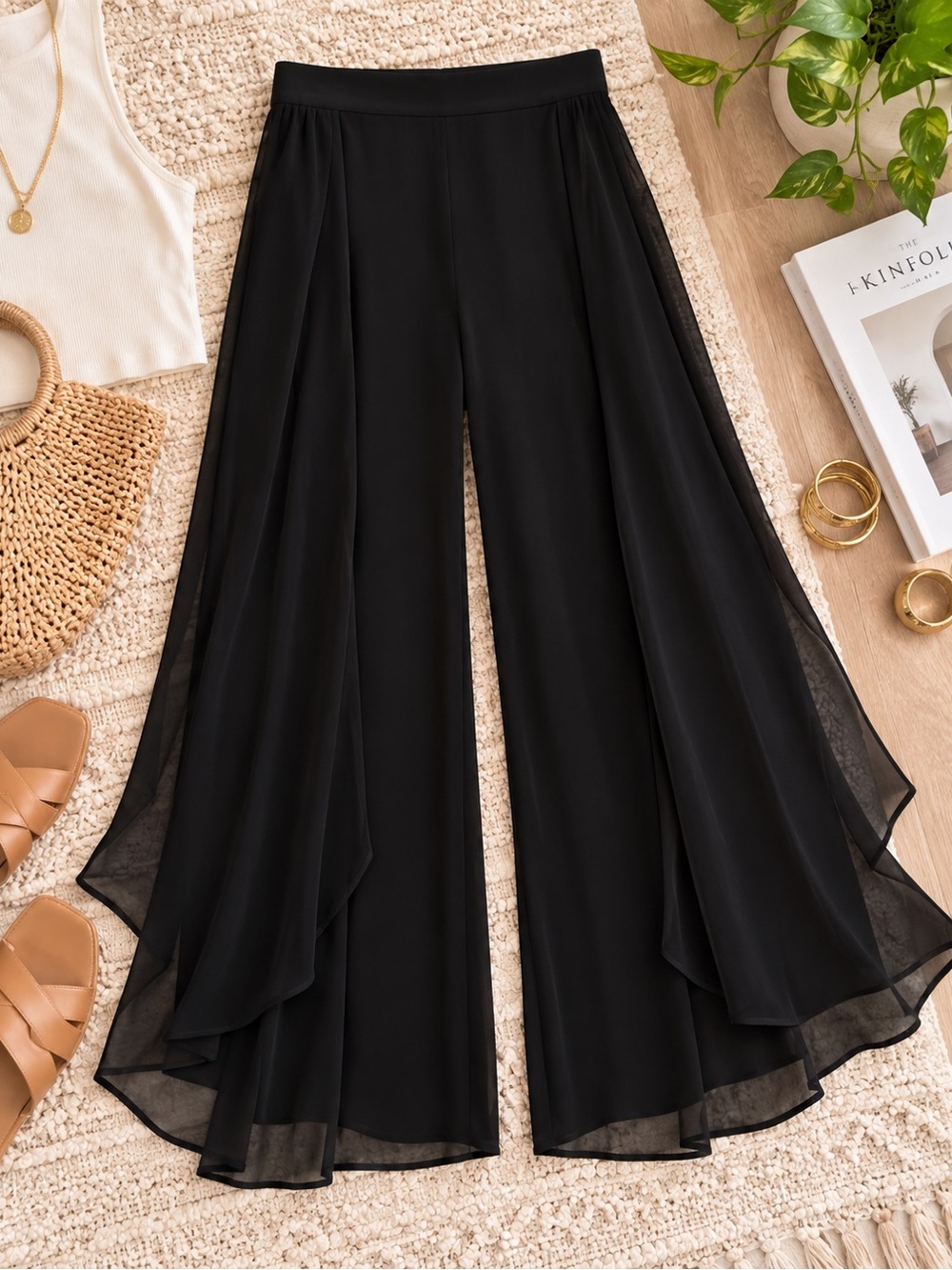 Women’s Black Wide-Leg Layered Palazzo Pants